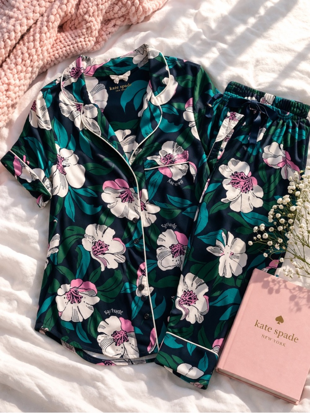 Kate Spade Floral Pajama Set Green Pink Button Front Short Sleeve Size S